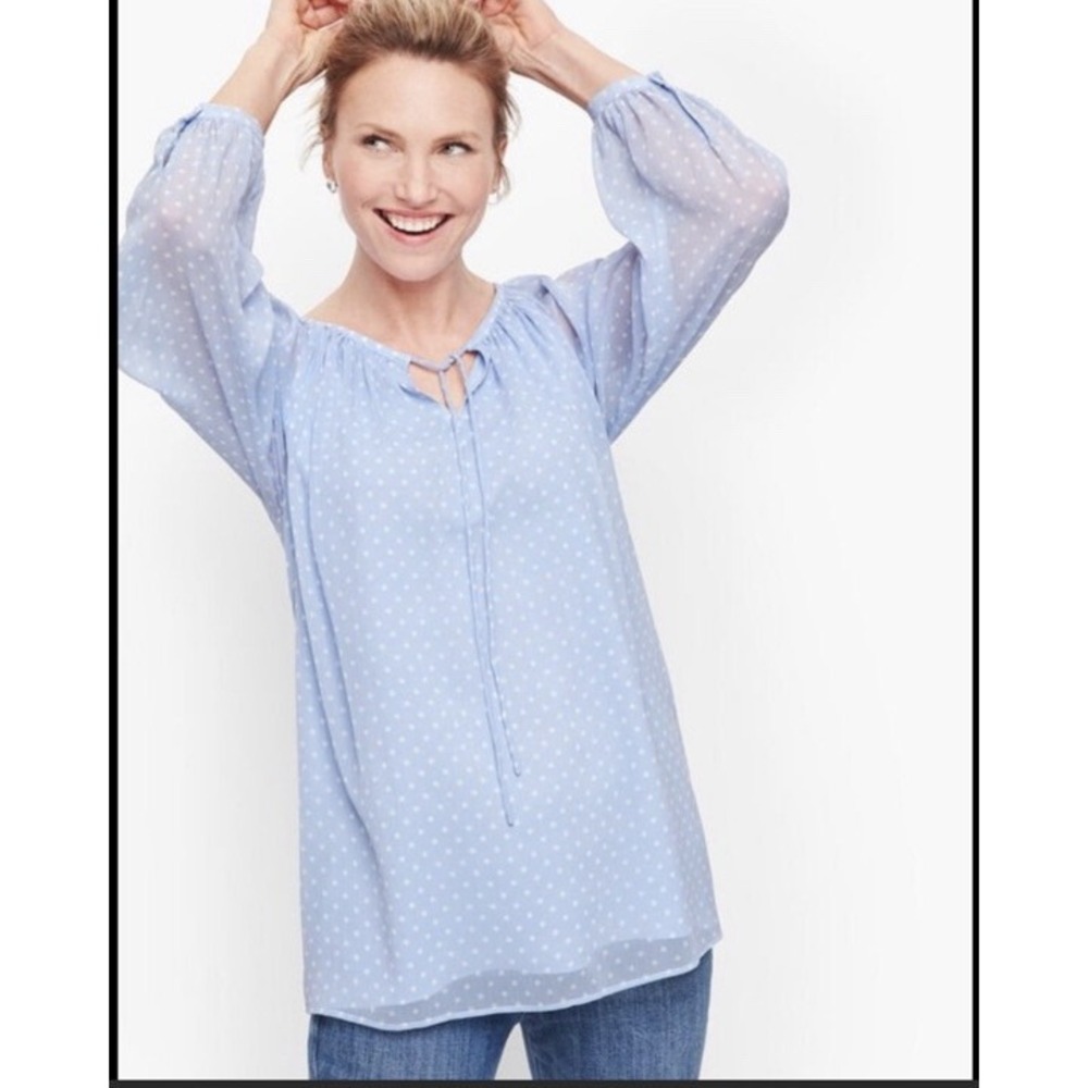 Talbots Blue Polka‎ Dot Tie Neck Peasant Blouse Long Sleeve Lined Top Womens M